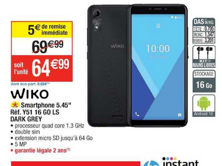 smartphone 5.45" y50 16 go ls dark grey wiko