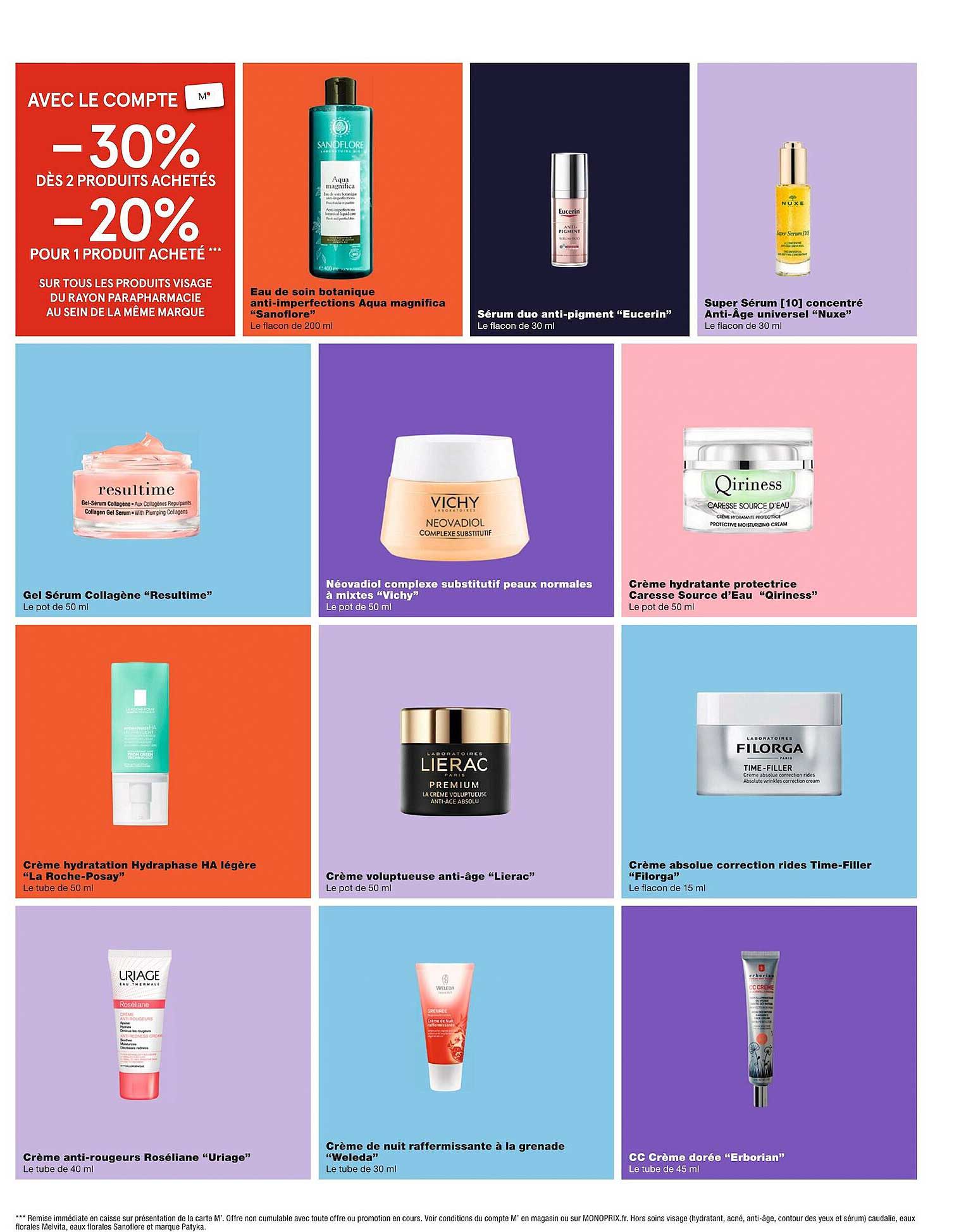 eau de soin botanique anti-imperfections aqua magnifica "sanoflore", sérum duo anti-pigment "eucerin"concentré anti-âge universel "nuxe", gel sérum collagen "resultime"