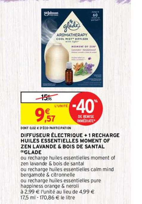 diffuseur électrique + 1 recharge huiles essentielles moment of zen lavande & bois de santal glade