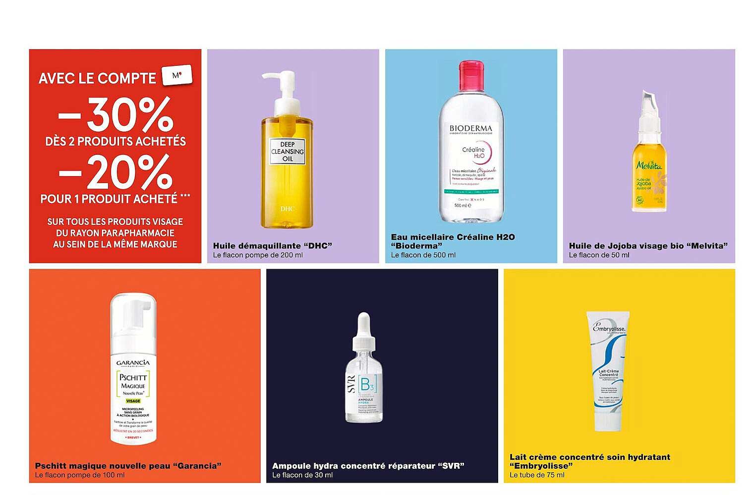 huile démaquillante "dhc", eau micellaire créaline h20 "bioderma", huile de jojoba bio "melvita", pschitt magique nouvelle peau "garancia", ampoule hydra concentré réparateur "svr"