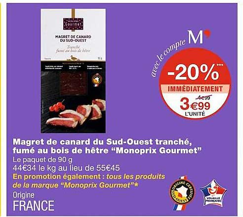 magret de canard du sud-ouest tranché, fumé au bois de hêtre "monoprix gourmet"