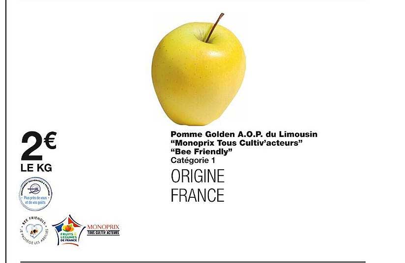 pomme golden a.o.p. du limousin "monoprix tous cultiv'acteurs" "bee friendly"