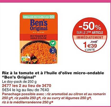 riz à la tomate et à l'huile d'olive micro-ondable "ben's original"