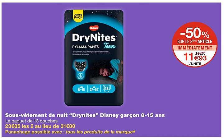 sous-vêtement de nuit "drynites" disney garçon 8-15 ans