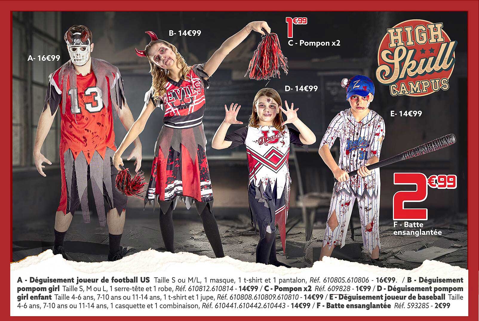 déguisement joueur de football us, déguisement pompon girl, pompon x 2, déguisement pompon girl enfant, déguisement joueur de baseball, batte ensanglantée