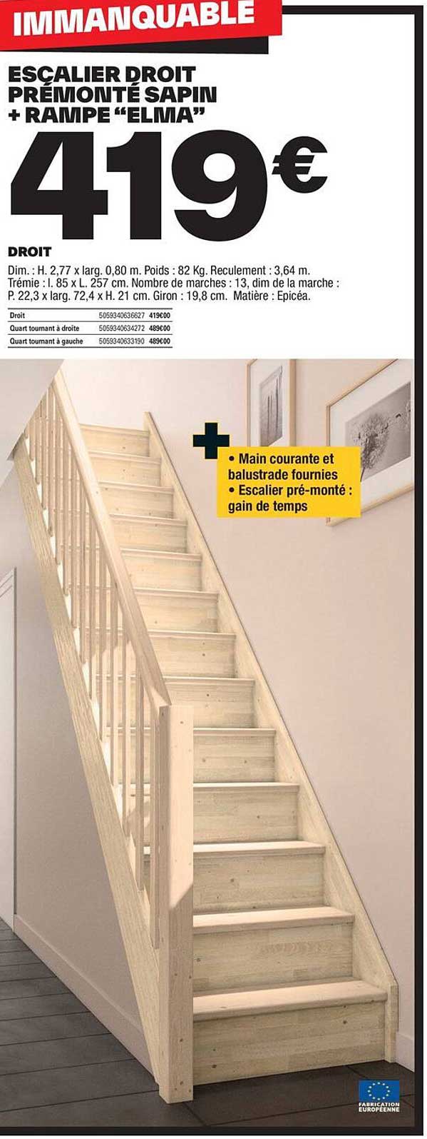 Escalier Droit Prémonté Sapin + Rampe "elma"