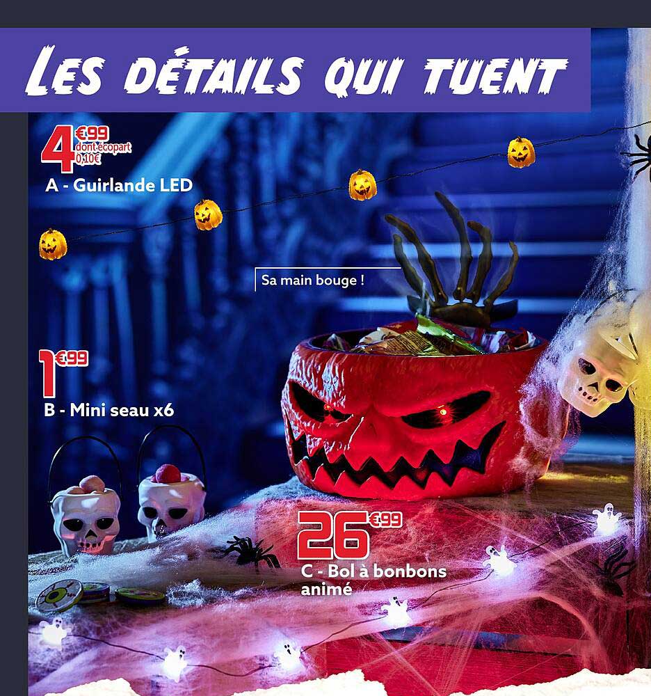 guirlande led, mini seau x 6, bol à bonbons animé