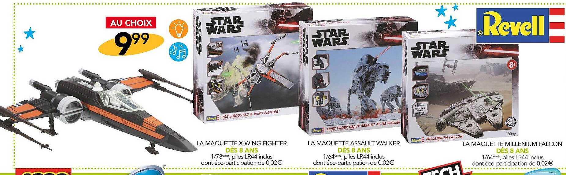 le maquette x-wing fighter, la maquette assault walker, la maquette millenium falcon