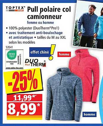 pull polaire col camionneur femme ou homme toptex sport
