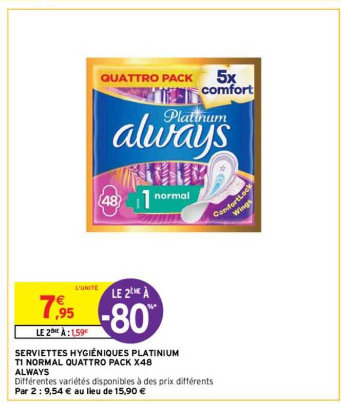 serviettes hygiéniques platinium t1 normal quattro pack x 48 always