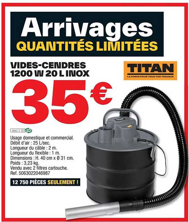 vides-cendres 1200w 20 l inox titan