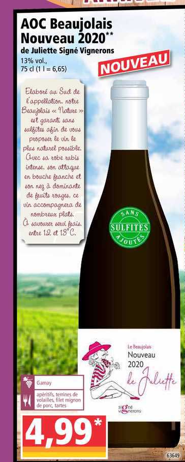 aoc beaujolais nouveau 2020 de juliette signé vignerons