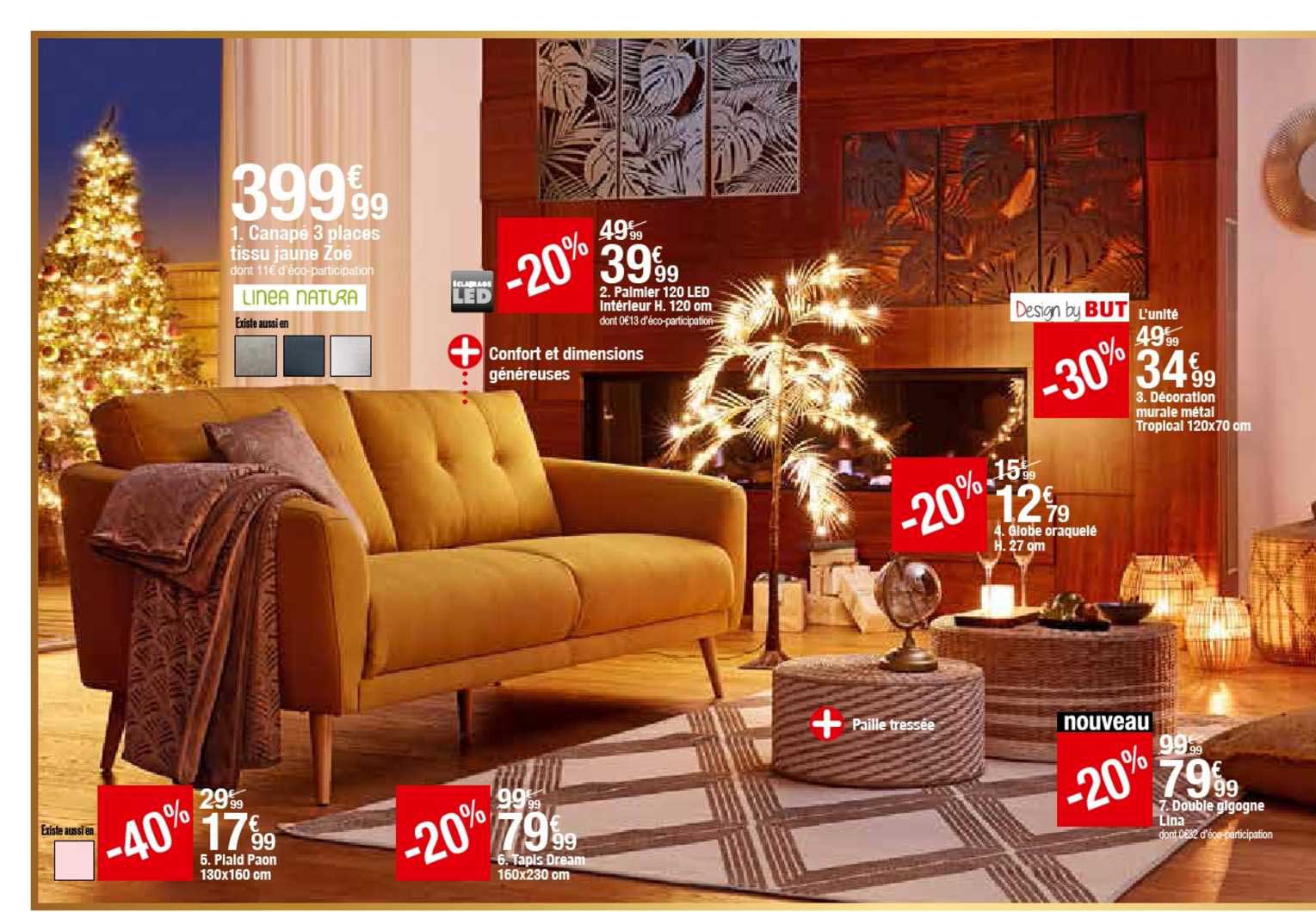 canapé 3 places tissu jaune zoé, palmier  120 led intérieur h. 120 cm, décoration murale métal tropical 120 x 70 cm, globe craquelé h. 27 cm, plaid paon 130 x 160 cm, tapis dream 160 x 230 cm, double gigogne lina