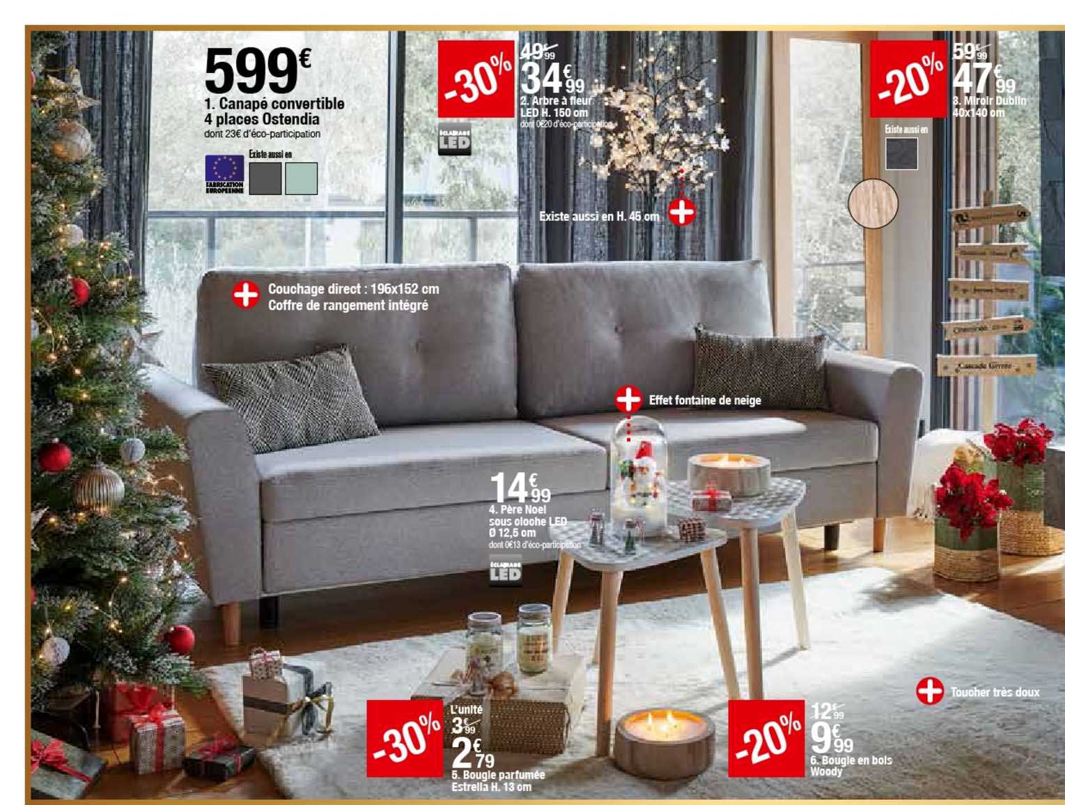canapé convertible 4 places ostendia, arbre à fleur led h. 150 cm, père noël sous cloche led 12,5 cm, bougie parfumée estrella h. 13 cm, bougie en bols woody, miroir dublin 40 x 140 cm