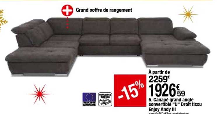 canapé grand angle convertible "u" droit tissu enjoy andy iii