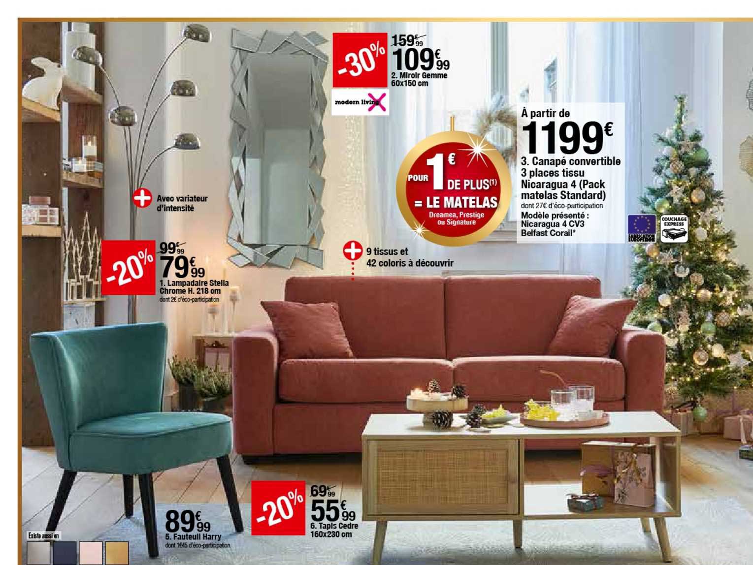 lampadaire stella chrome h. 218 cm, fauteuil harry, miroir gemme 60 x 15 cm, canapé convertible 3 places tissu nicaragua 4 (pack matelas standard), tapis cedre 160 x 230 cm