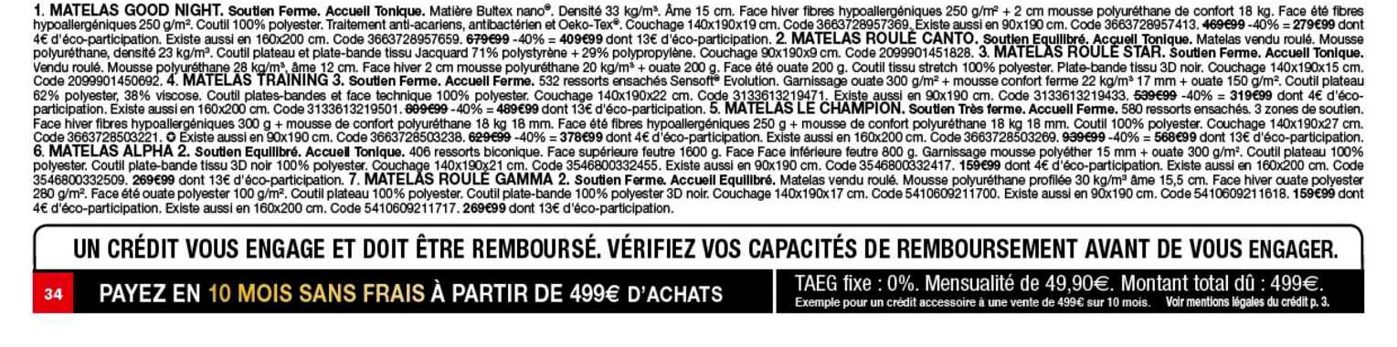 Matelas Good Night, Matelas Roulé Canto, Matelas Roulé Star, Matelas Training 3, Matelas Le Champion, Matelas Alpha 2, Matelas Roulé Gamma 2