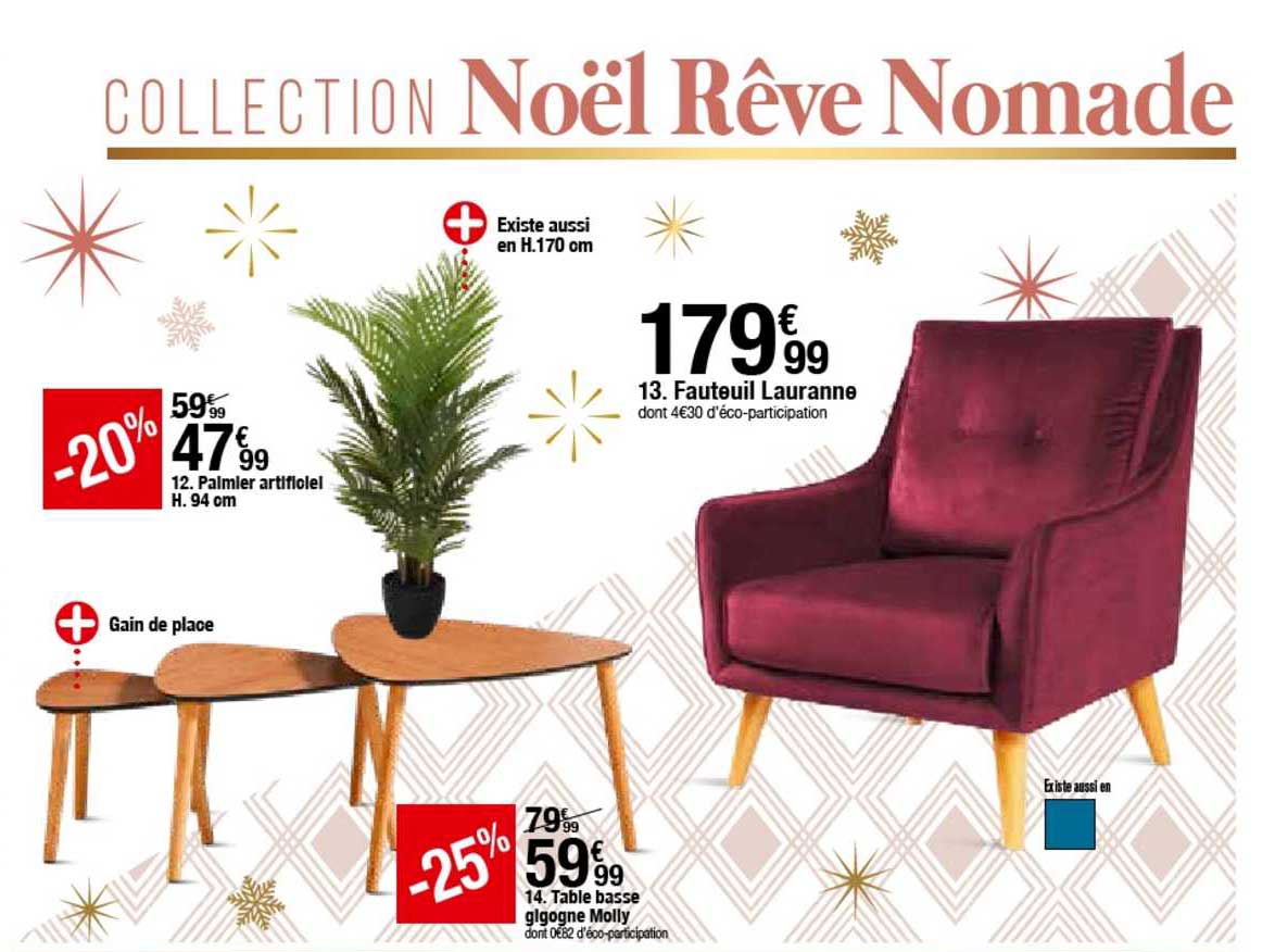 palmier artificiel h. 94 cm, fauteuil lauranne, table basse gigogne molly