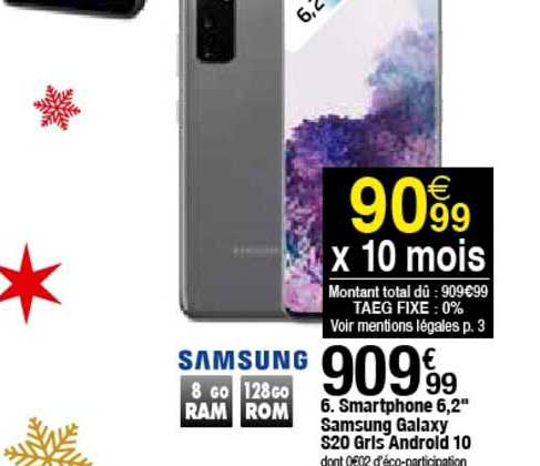 smartphone 6,2" samsung galaxy s20 gris android 10