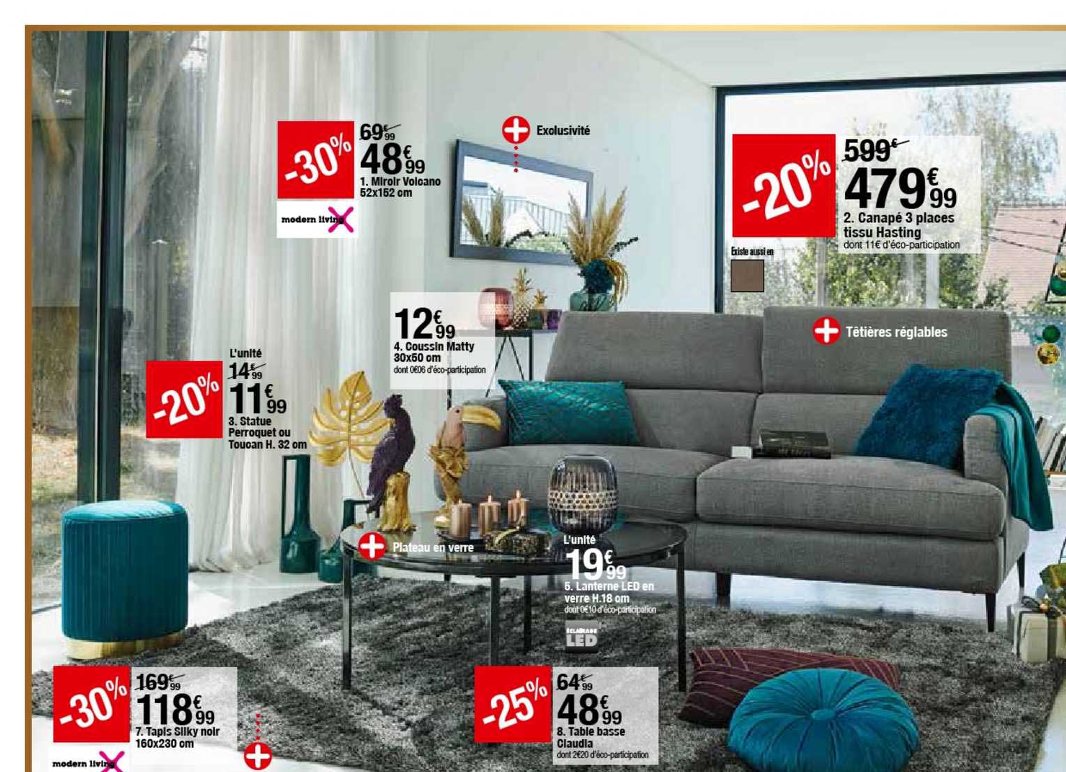 tapis silky noir 160 x 230 cm, statue perroquet ou toucan h. 32 cm, miroir volcano 52 x 152 cm, coussin matty 30 x 50 cm, lanterne led en verre h. 18 cm, table basse claudia, canapé 3 places tissu hasting