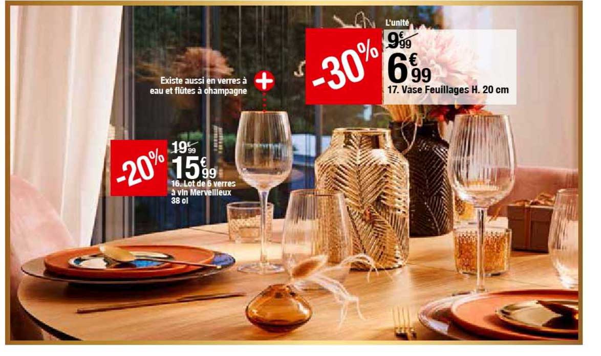 vase feuillages h. 20 cm, lot de 36 verres 3 vin merveilleux 38 cl