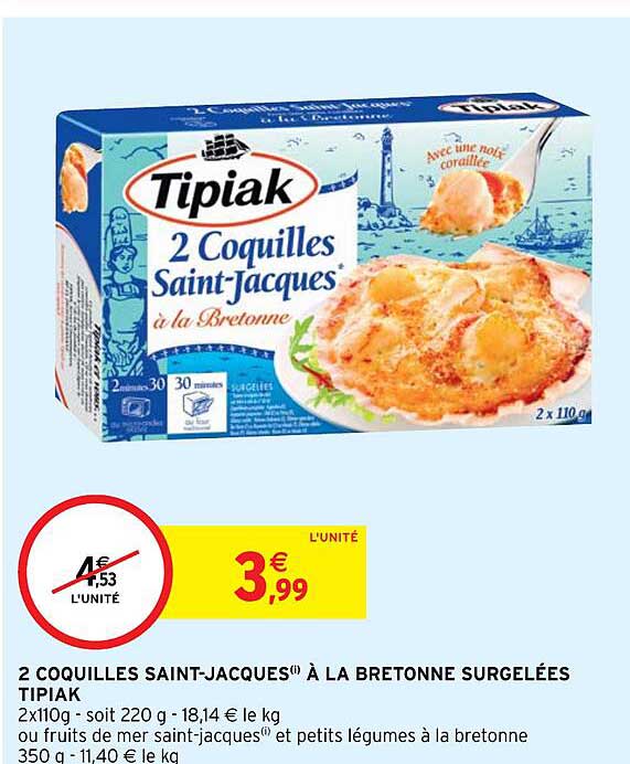 2 coquilles saint-jacques à la bretonne surgelées tipiak