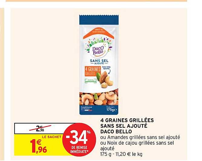 4 graines grillées sans sel ajouté daco bello