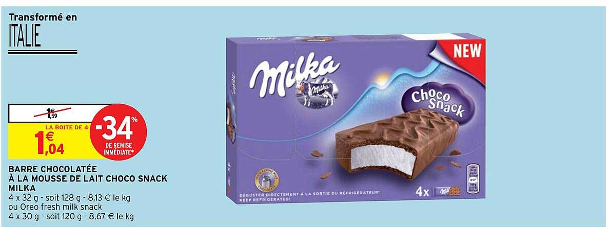 barre chocolatée à la mousse de lait choco snack milka