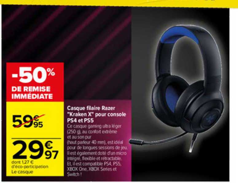 casque filaire raser "kraken x" pour console ps4 et ps5