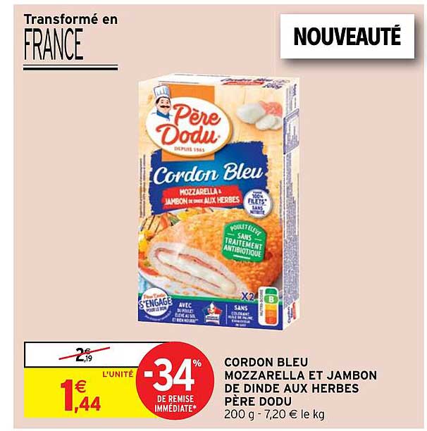 cordon bleu mozzarella et jambon de dinde aux herbes père dodu