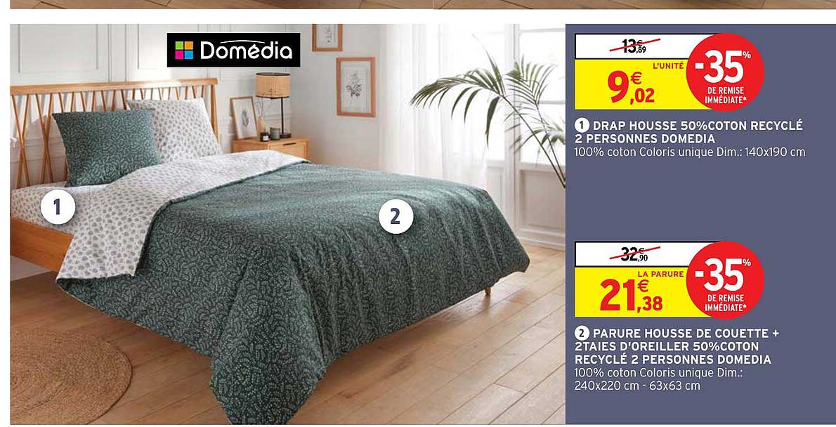 drap housse 50% coton recyclé 2 personnes domédia, paure housse de couette + 2 taies d'oreiller 50% coton recyclé 2 personnes domédia