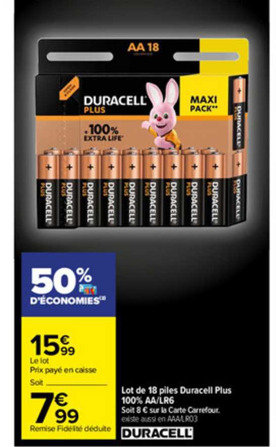 lot de 18 piles duracelle plus 100% aa-lr6 duracell