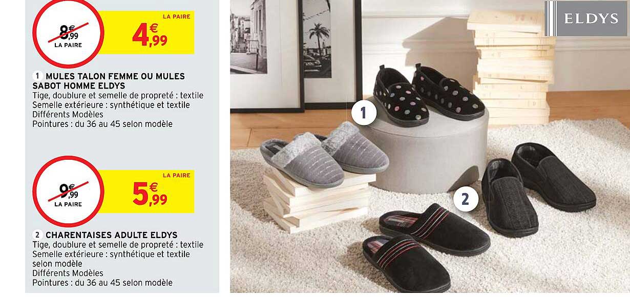 mules talon femme ou mules sabot homme eldys, charentaises adulte eldys