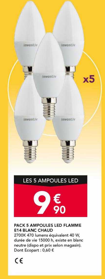pack 5 ampoules led flamme e14 blanc chaud