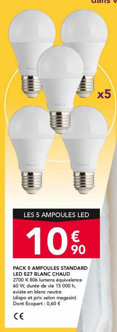 Pack 5 Ampoules Standard Led E27 Blanc Chaud