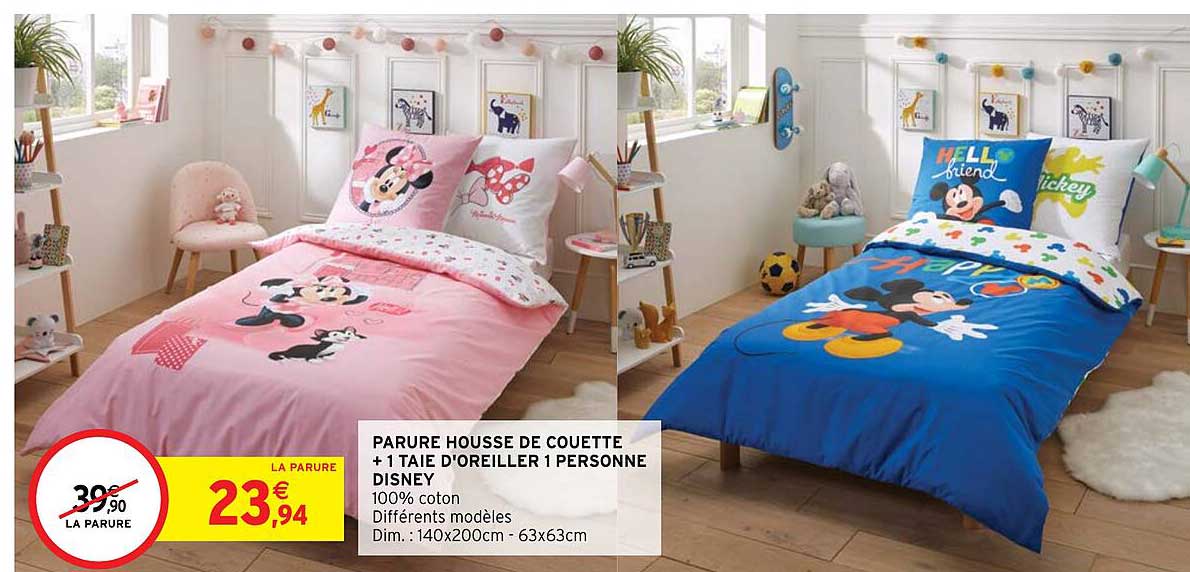 parure housse de couette + 1 taie d'oreiller 1 personne disney