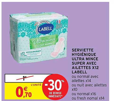 serviette hygiénique ultra mince super avec ailettes x12 labell