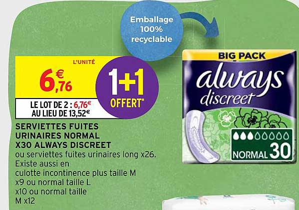 serviettes fuites urinaires normal x30 always discreet