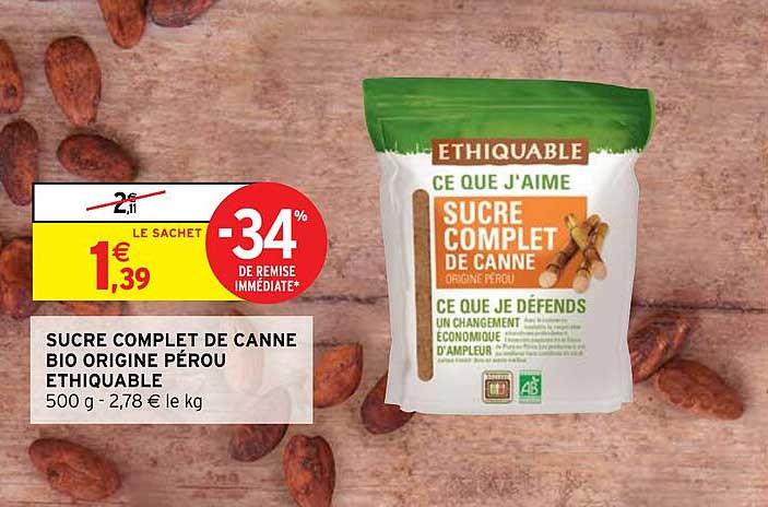 Sucre Complet De Canne Bio Origine Pérou étiquable