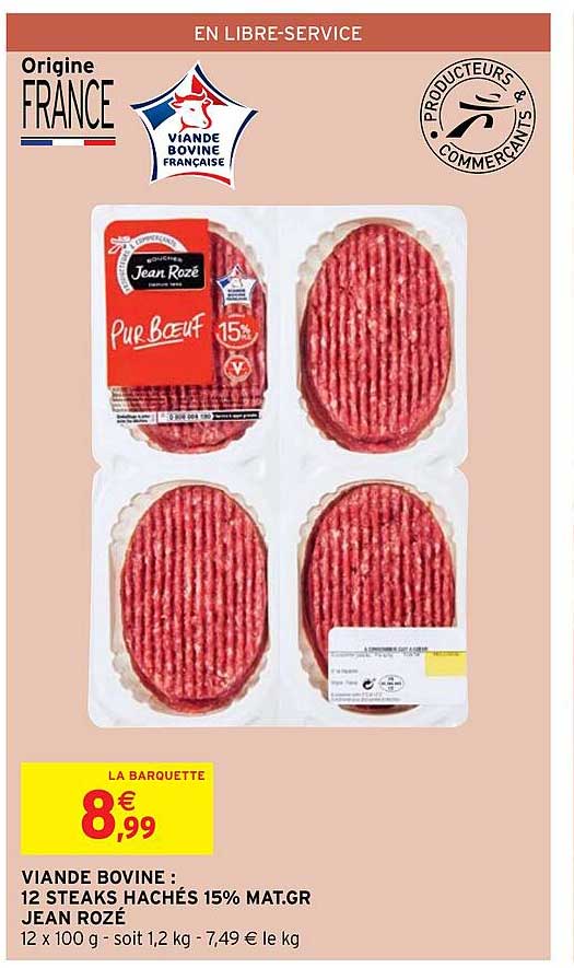 viande bovine : 12 steaks hachés 15% mat. gr. jean rozé