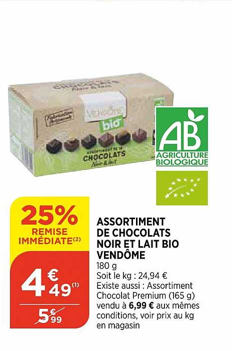 assortiment de chocolats noir de lait bio vendôme 25% de remise immédiate