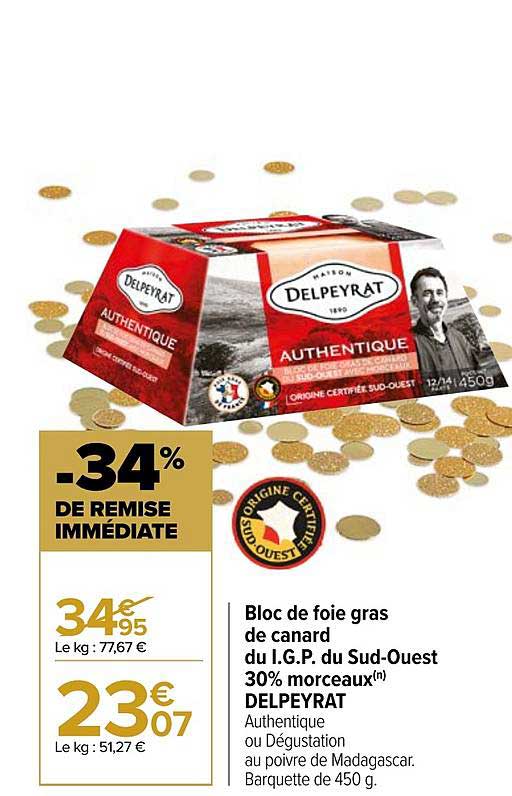 bloc de foie gras de canard du i.g.p. du sud-ouest 30% morceaux delpeyrat