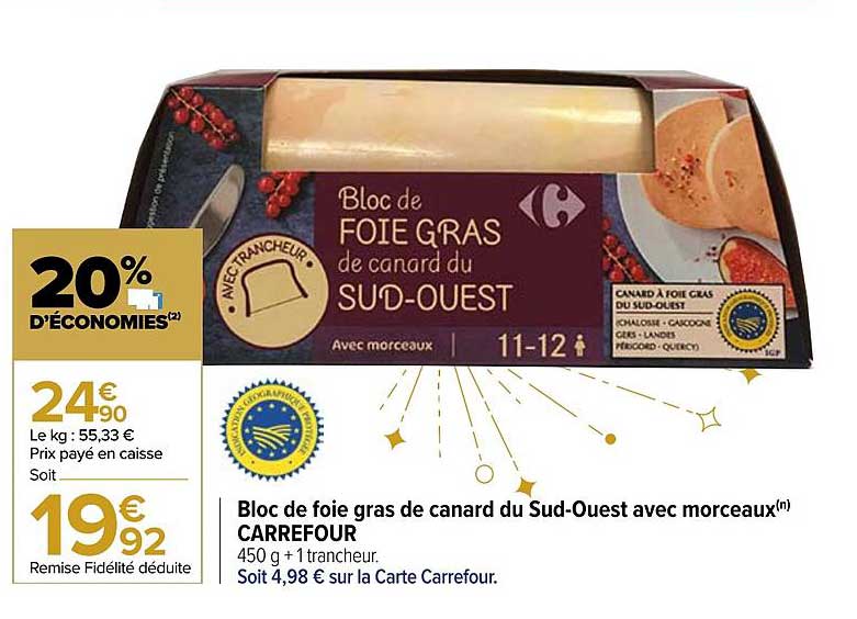 bloc de foie gras de canard du sud-ouest avec morceaux carrefour