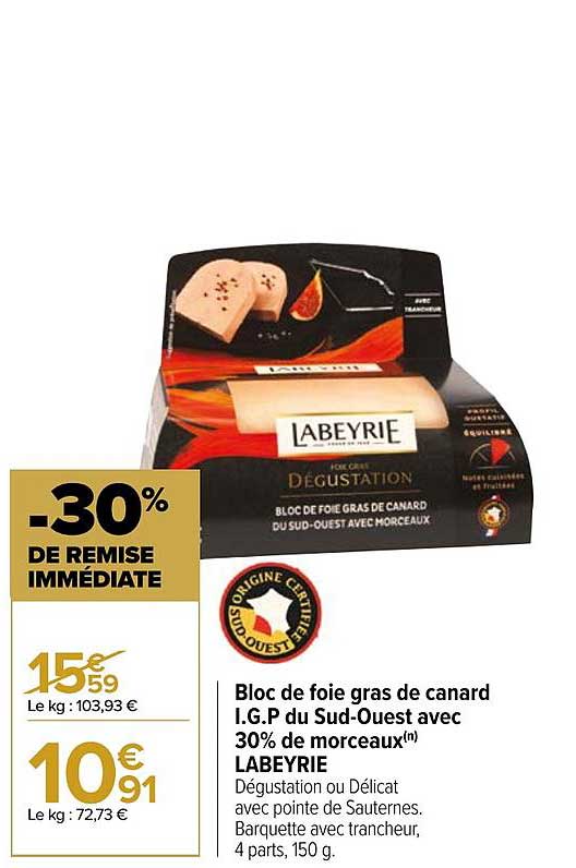 bloc de foie gras de canard i.g.p. du sud-ouest avec 30% de morceaux labeyrie