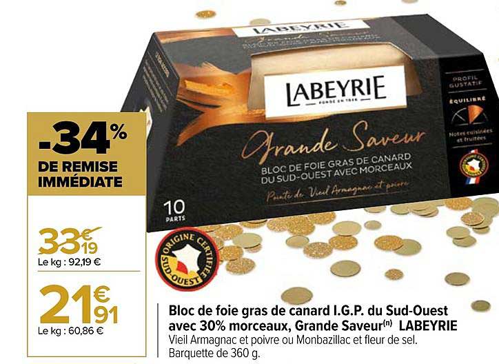bloc de foie gras de canard i.g.p. du sud-ouest avec 30% morceaux, grande saveur labeyrie