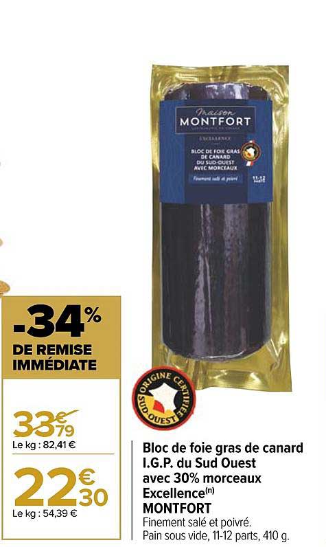 bloc de foie gras de canard i.g.p. du sud ouest avec 30% morceaux excellence montfort
