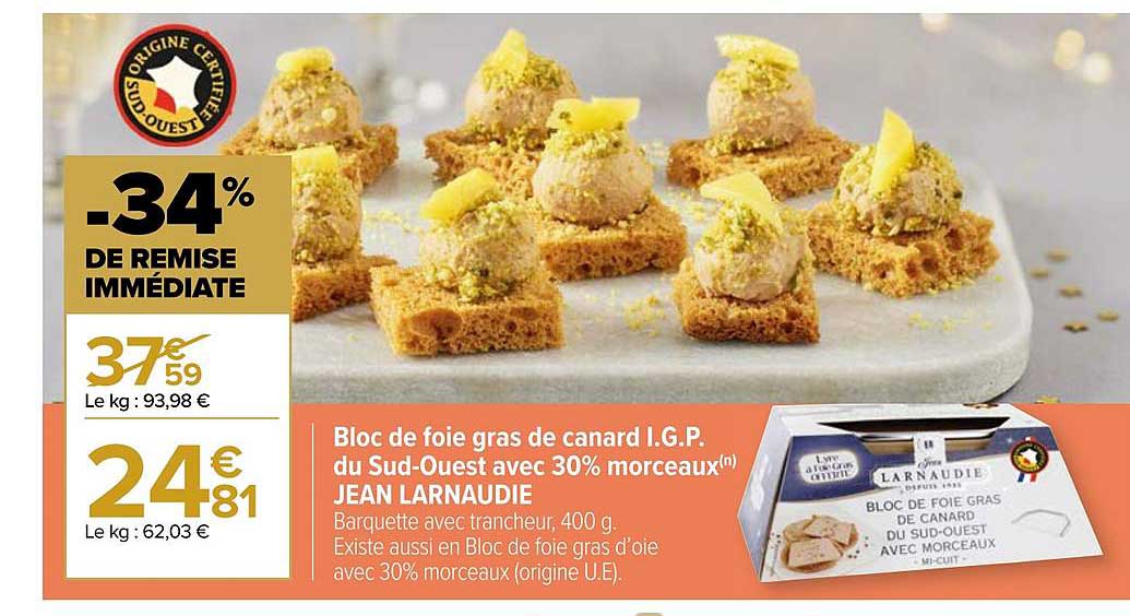 bloc de foie gras de canard i.g.p. du sud-ouest avec 30% morceaux jean larnaudie