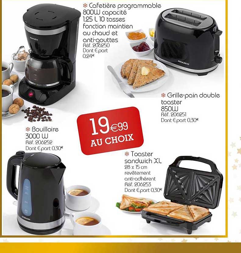 cafetière programmable 800 w, bouilloire 3000 w, grille-pain double toaster 850w, toaster sandwich xl