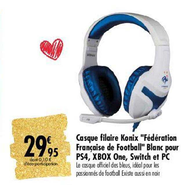 casque filaire konix "fédération française de football" blanc pour ps4, xbox one, switch et pc