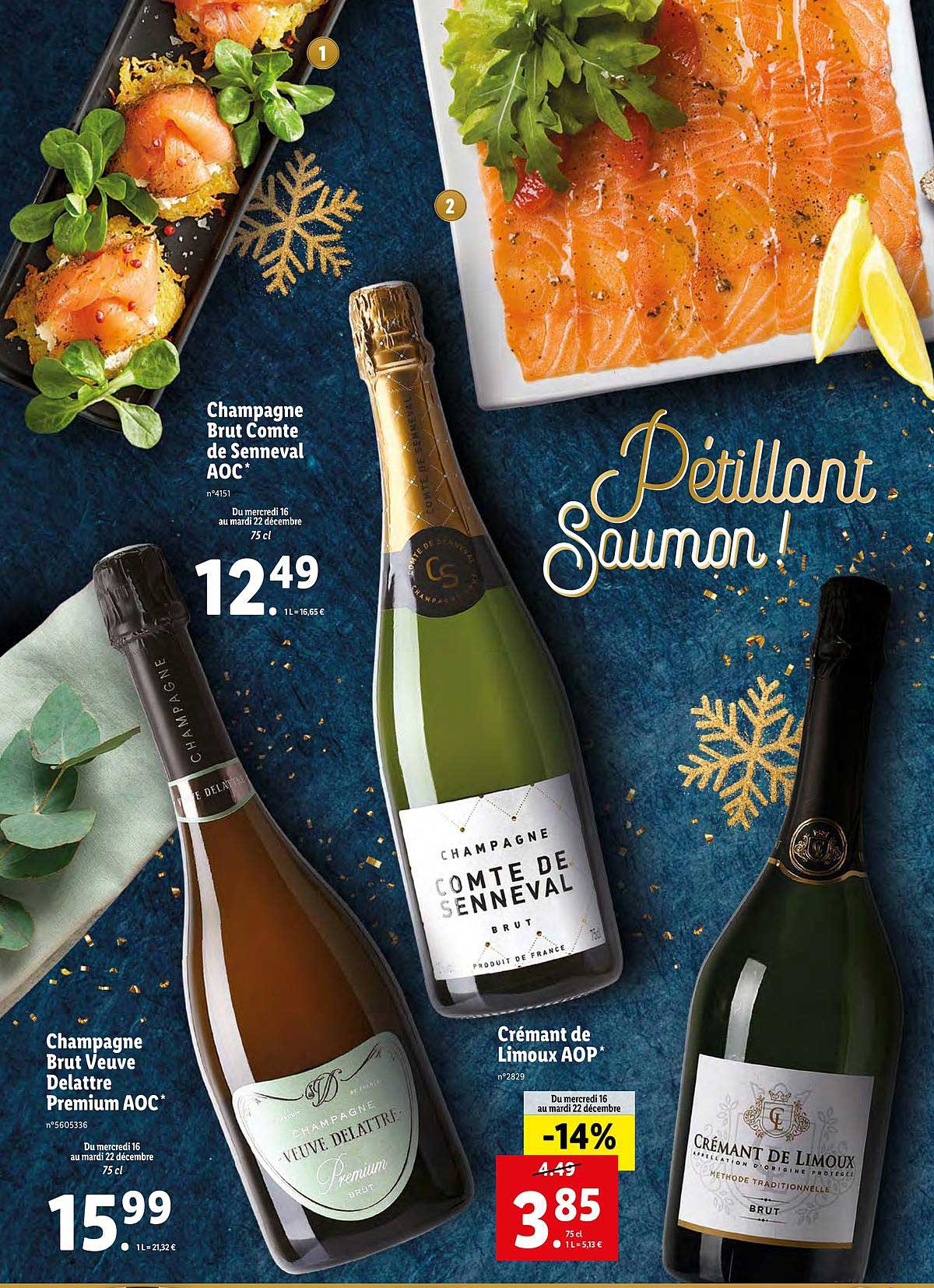 champagne brut comte de senneval aoc, champagne brut veuve delatre premium aoc, clément de limoux aop